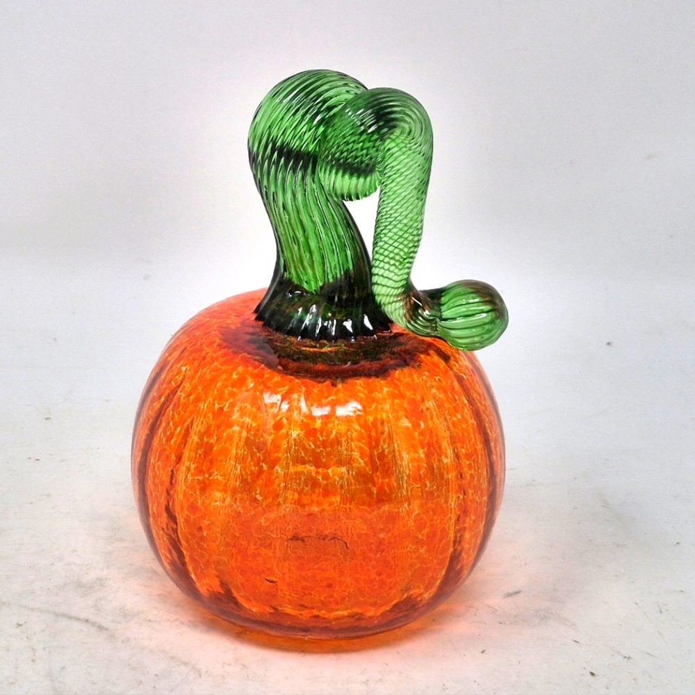 Hand Blown Small Orange Art Glass Pumpkin With Twisted Green Glass Stem